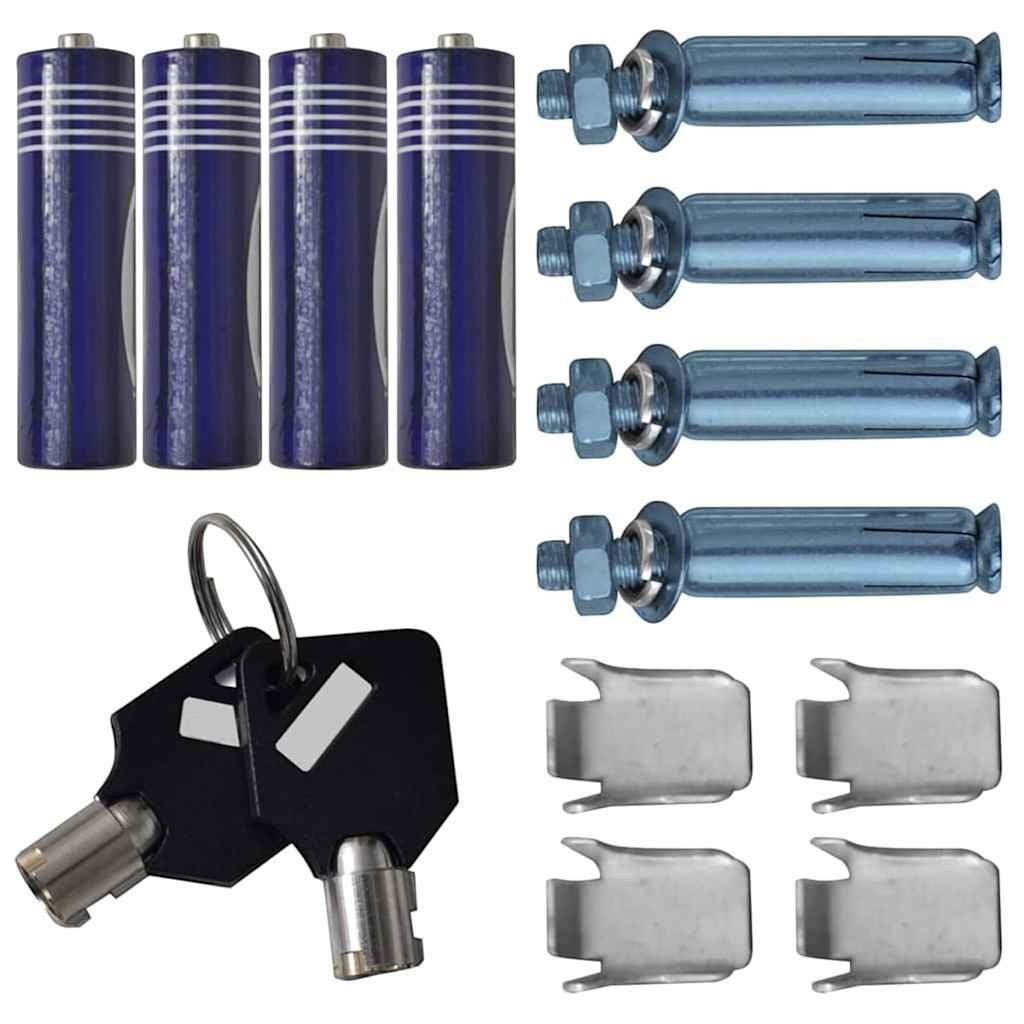 Accessoires pour coffre-fort Mon Rempart incluant quatre piles AA, deux clés de secours et quatre boulons de fixation.