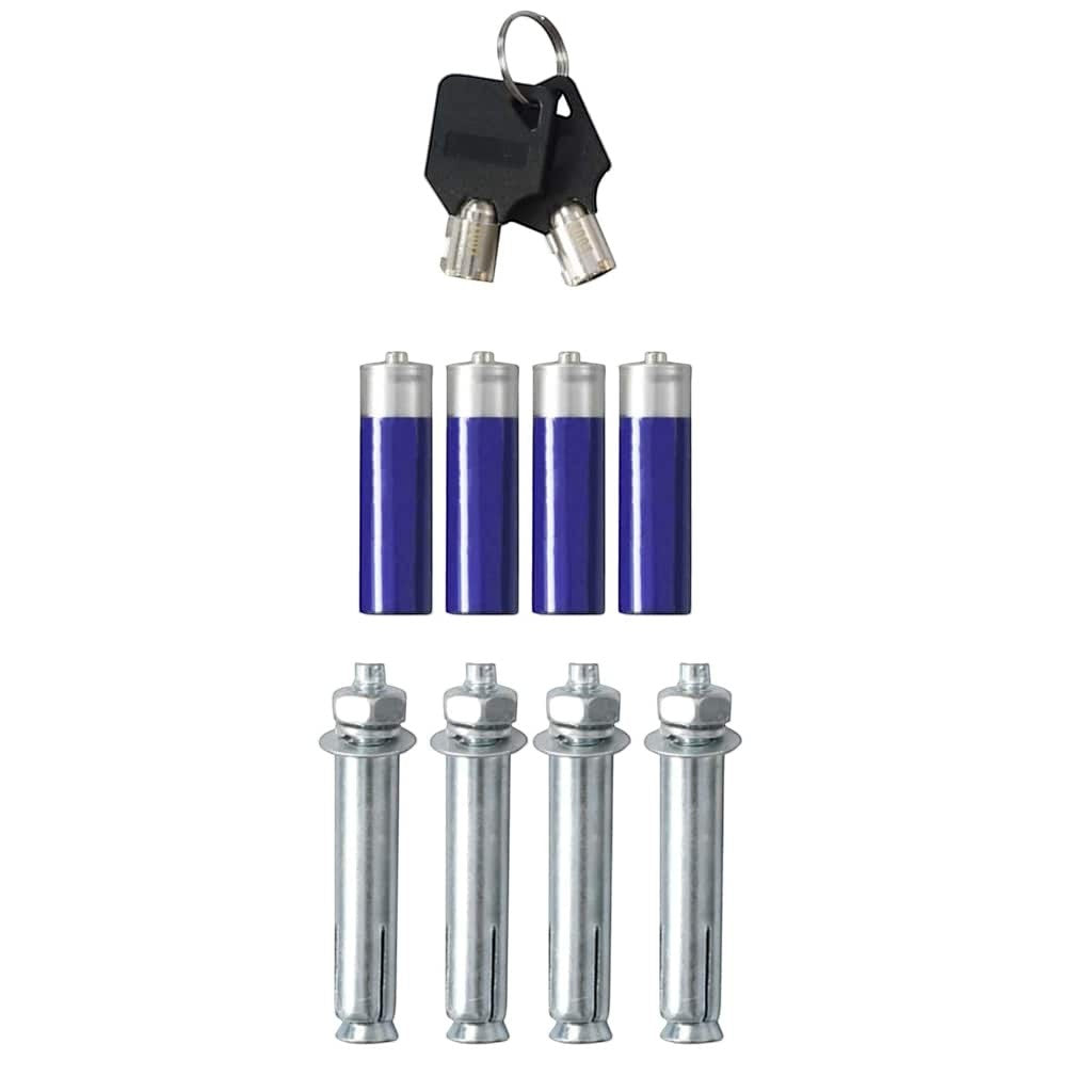 Accessoires pour coffre-fort Mon Rempart incluant deux clés, quatre piles AA et quatre boulons de fixation en acier
