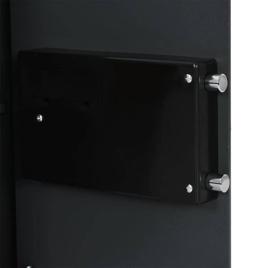 Gros plan sur le mécanisme de verrouillage en acier robuste du coffre-fort numérique Mon Rempart gris foncé.