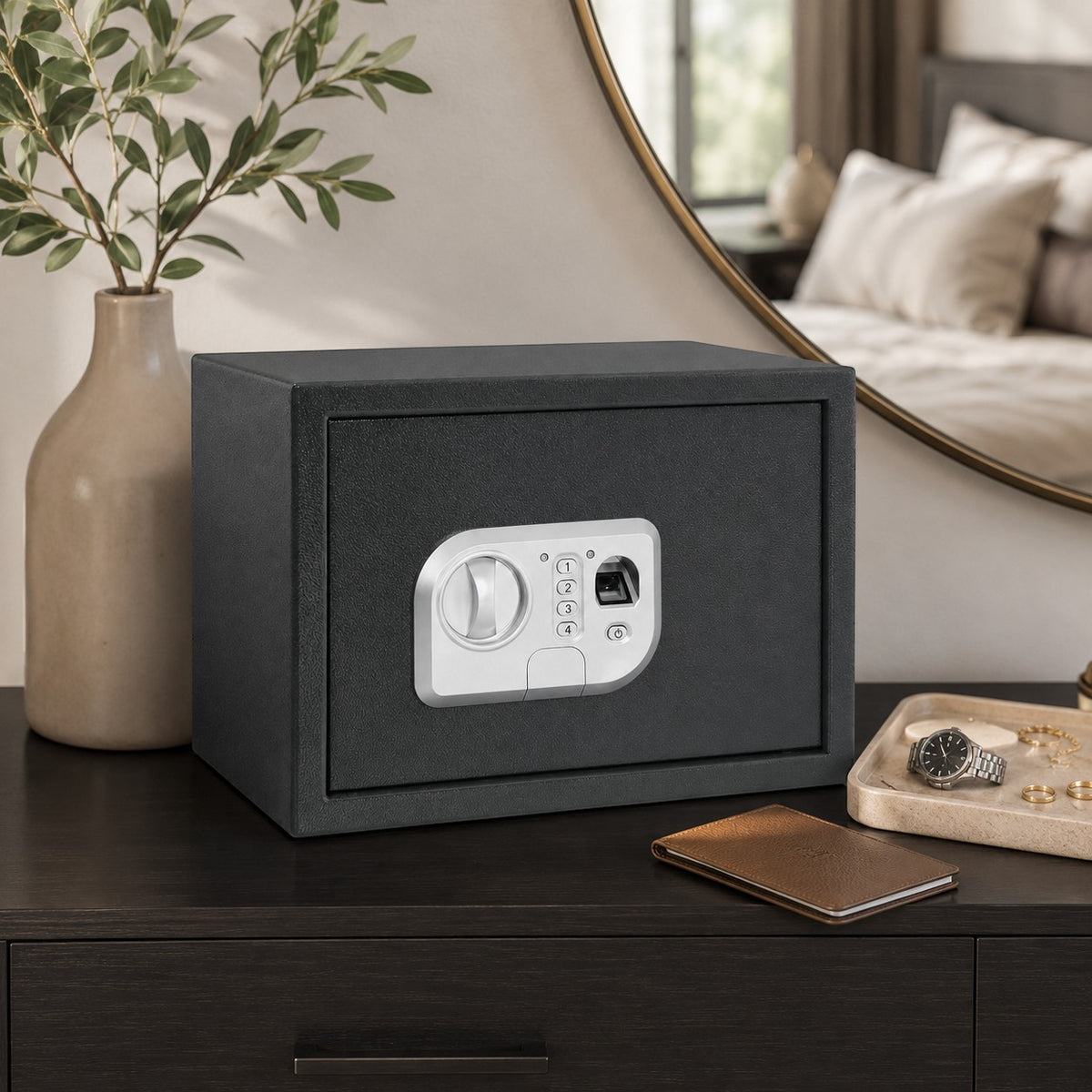 Coffre fort Mon Rempart compact gris en acier avec lecteur d'empreinte, clavier numérique et serrure à clé sur commode