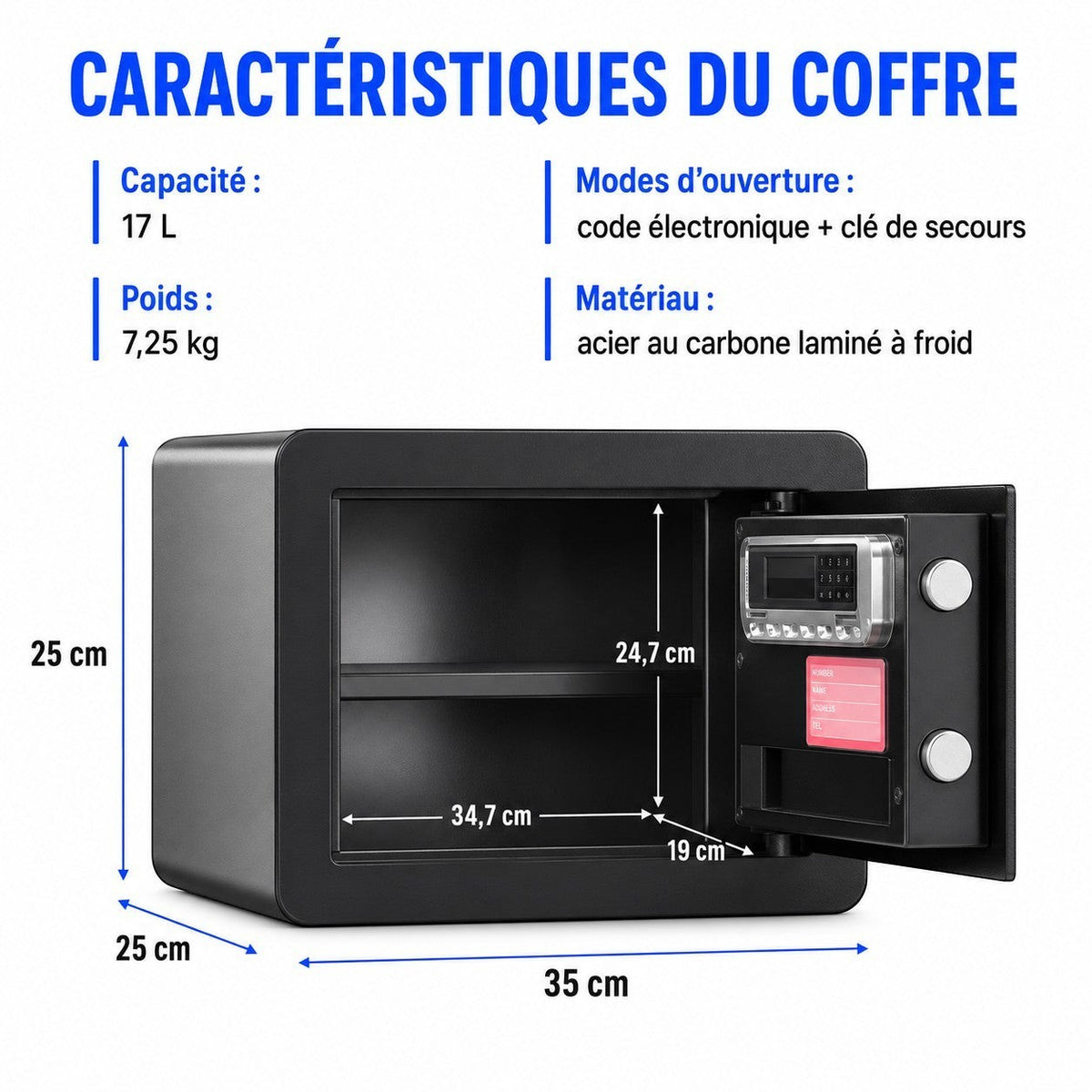 Coffre fort numérique Mon Rempart en acier carbone noir mat avec clavier électronique et clé de secours, 17 litres.