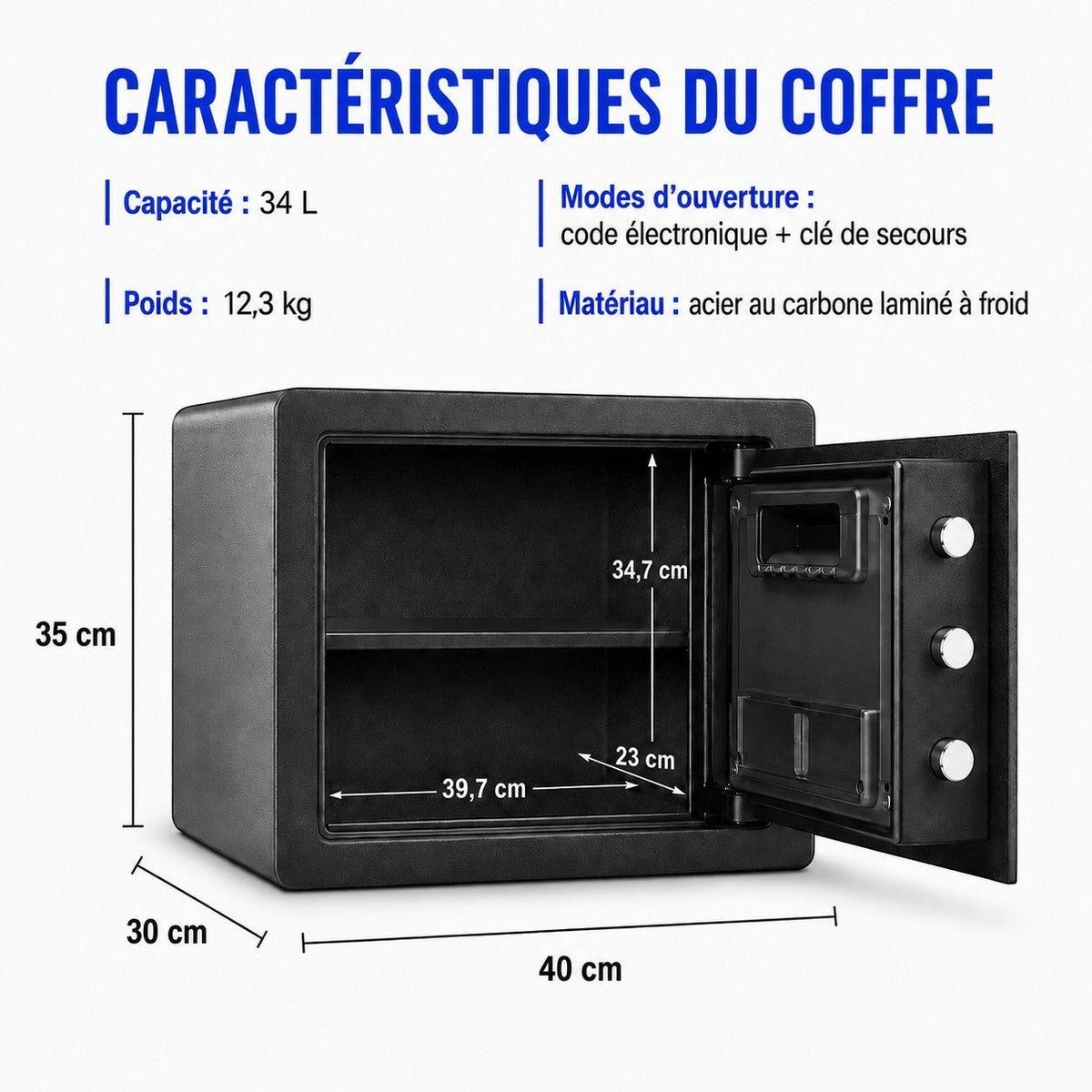 Coffre fort numérique Mon Rempart en acier carbone noir avec dimensions, 34L, clavier électronique et clé de secours.