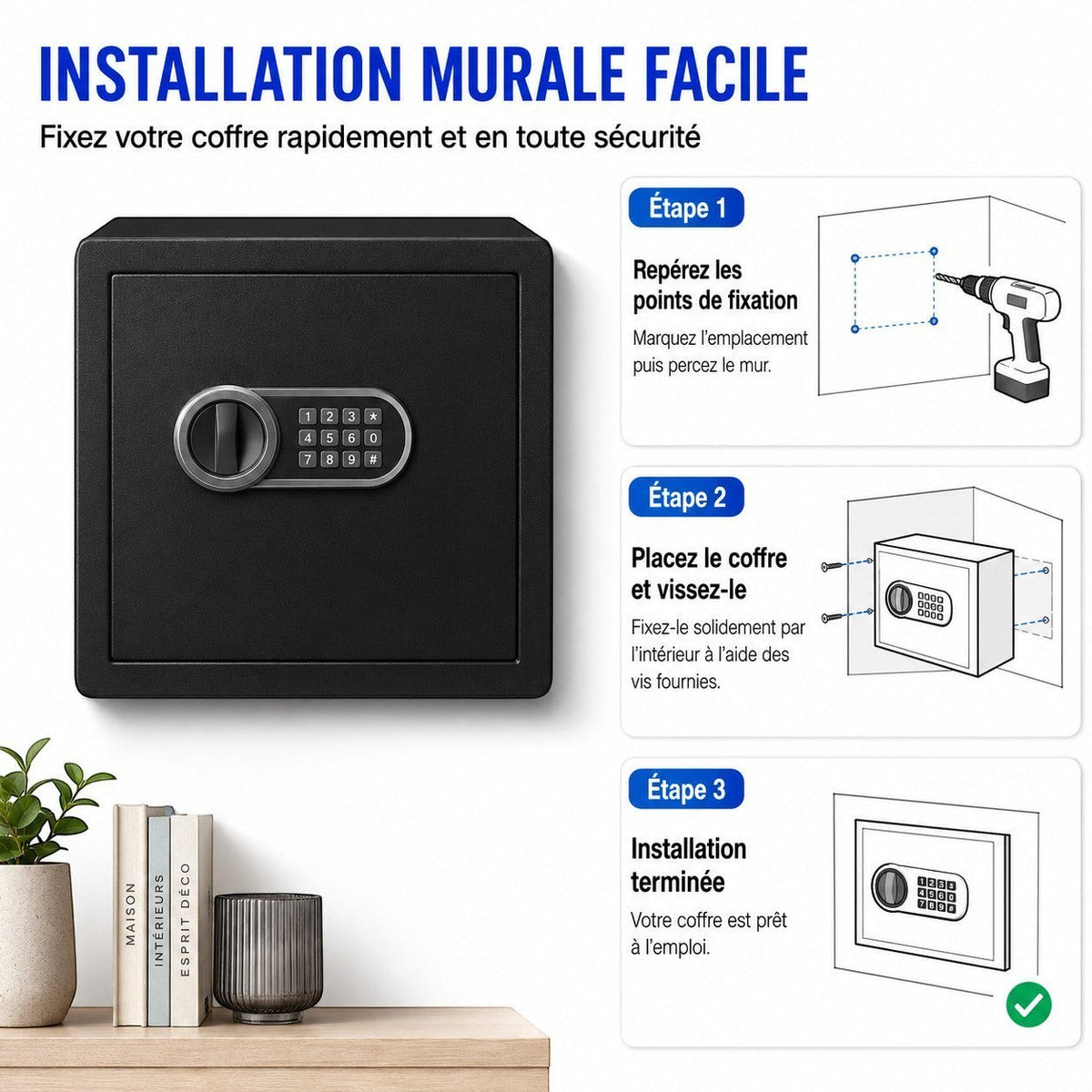 Coffre fort numérique Mon Rempart en acier carbone noir avec clavier électronique et guide d'installation murale