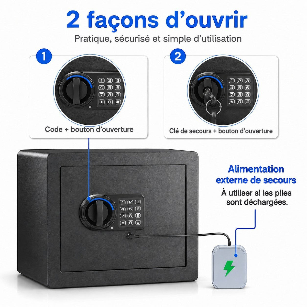 Coffre fort numérique Mon Rempart en acier carbone noir avec clavier, clé de secours et alimentation externe d'urgence.