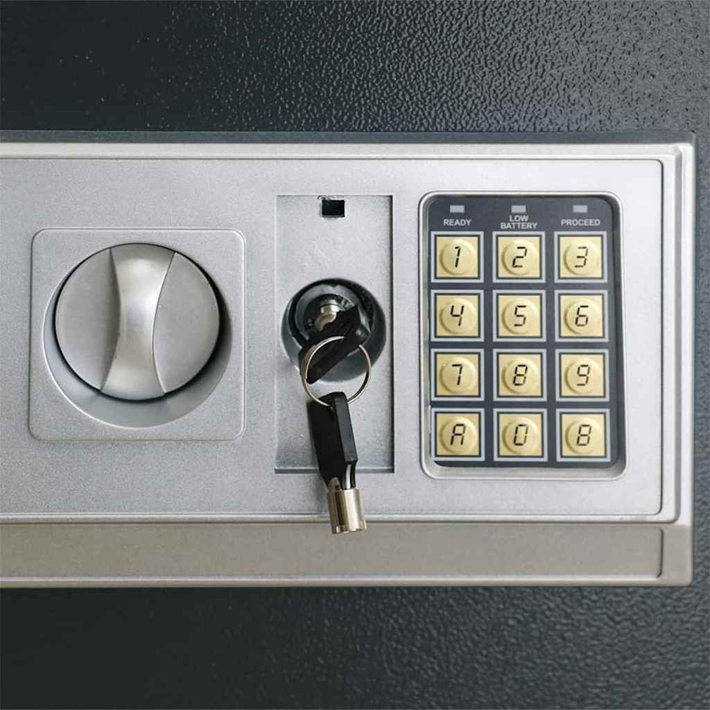 Coffre-fort numérique Mon Rempart en acier gris foncé avec clavier électronique et serrure à clé pour bureau.