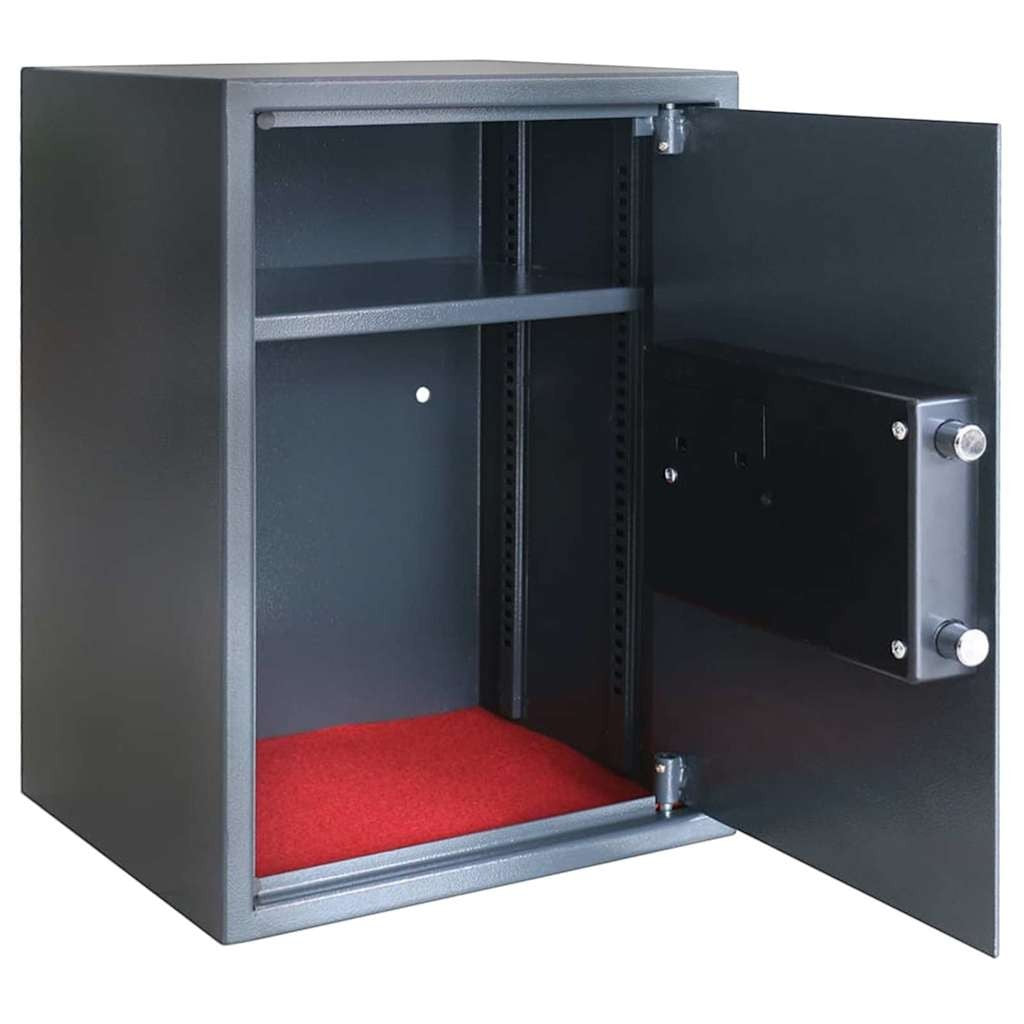 Coffre-fort numérique Mon Rempart en acier gris foncé avec étagère intérieure et tapis rouge, porte ouverte.