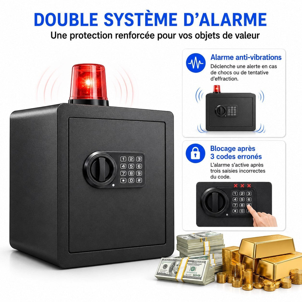 Coffre fort numérique Mon Rempart en acier noir avec clavier, alarme anti-vibrations et système de blocage sécurisé.