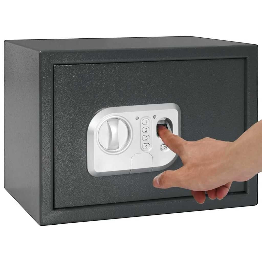Coffre fort Mon Rempart compact gris en acier avec lecteur d'empreinte digitale, clavier numérique et serrure à clé.