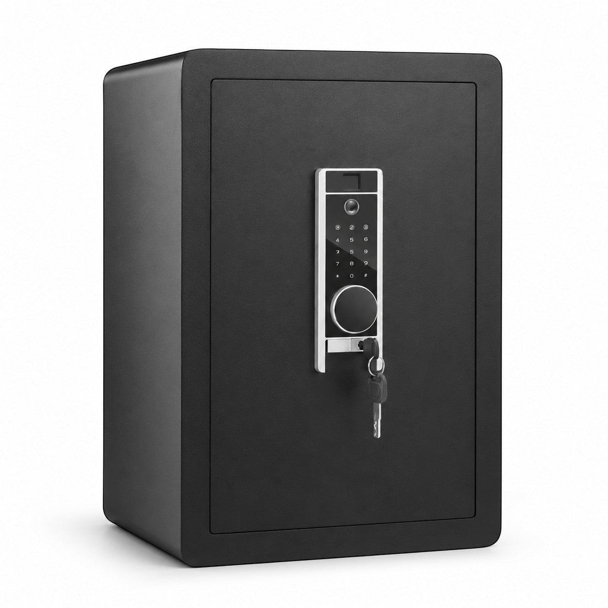 Coffre fort numérique Mon Rempart en acier noir avec lecteur d'empreinte, clavier tactile et clé de secours.
