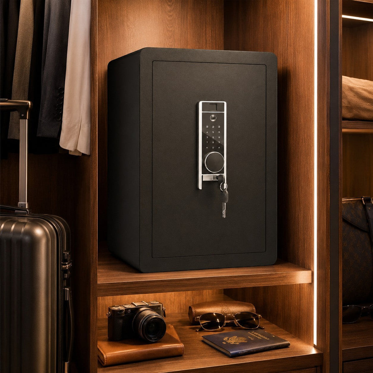 Coffre fort numérique Mon Rempart noir avec lecteur d'empreinte, clavier et clé, installé dans un dressing en bois.