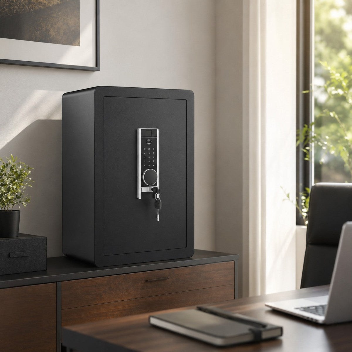 Coffre fort numérique Mon Rempart noir avec lecteur d'empreinte, clavier et clé, posé sur un meuble de bureau.