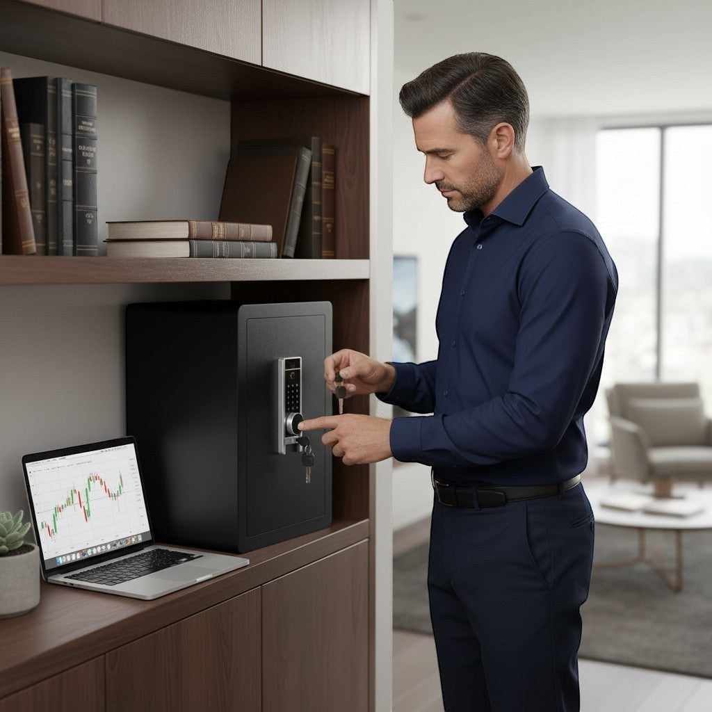 Homme utilisant un coffre fort numérique Mon Rempart avec empreinte, code et clé dans un bureau moderne.