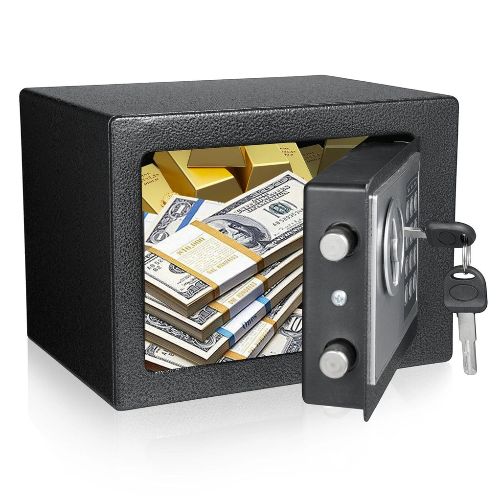 Coffre fort numérique compact noir Mon Rempart avec clavier, clé de secours et billets de banque à l'intérieur.