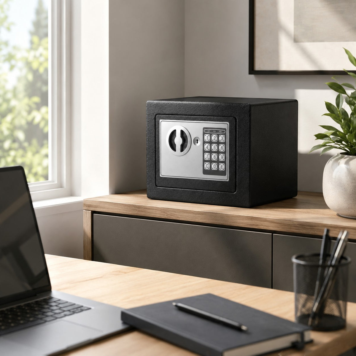 Coffre fort numérique compact Mon Rempart noir avec clavier à code et clé de secours sur un bureau moderne