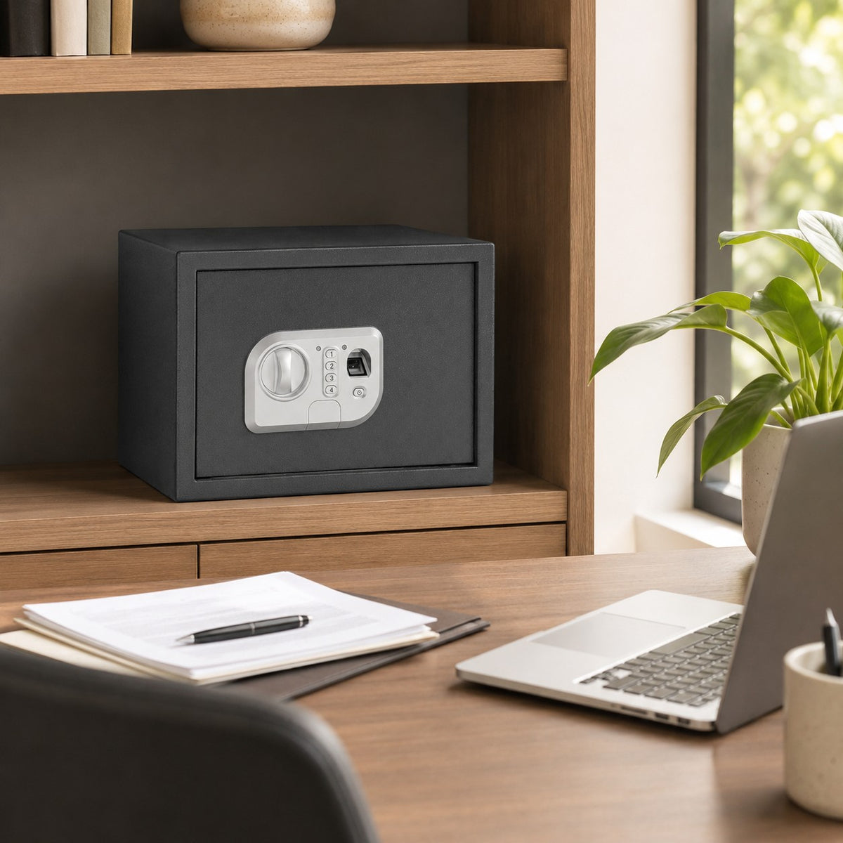 Coffre fort Mon Rempart compact gris en acier avec lecteur d'empreinte, clavier numérique et serrure sur une étagère.