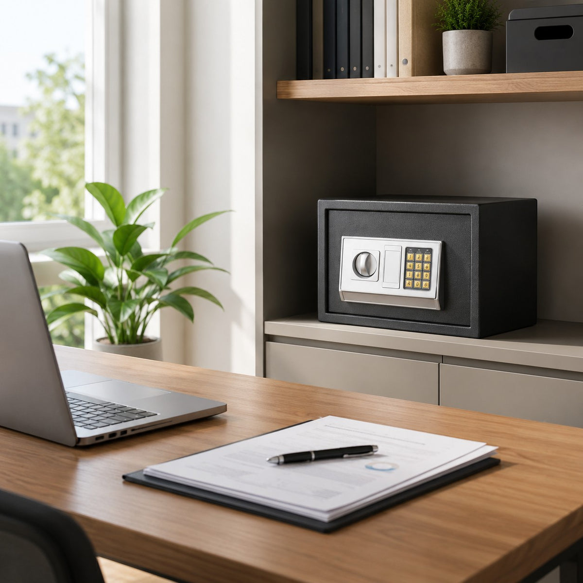 Coffre fort numérique compact Mon Rempart en acier gris sur une étagère de bureau avec clavier électronique et clé
