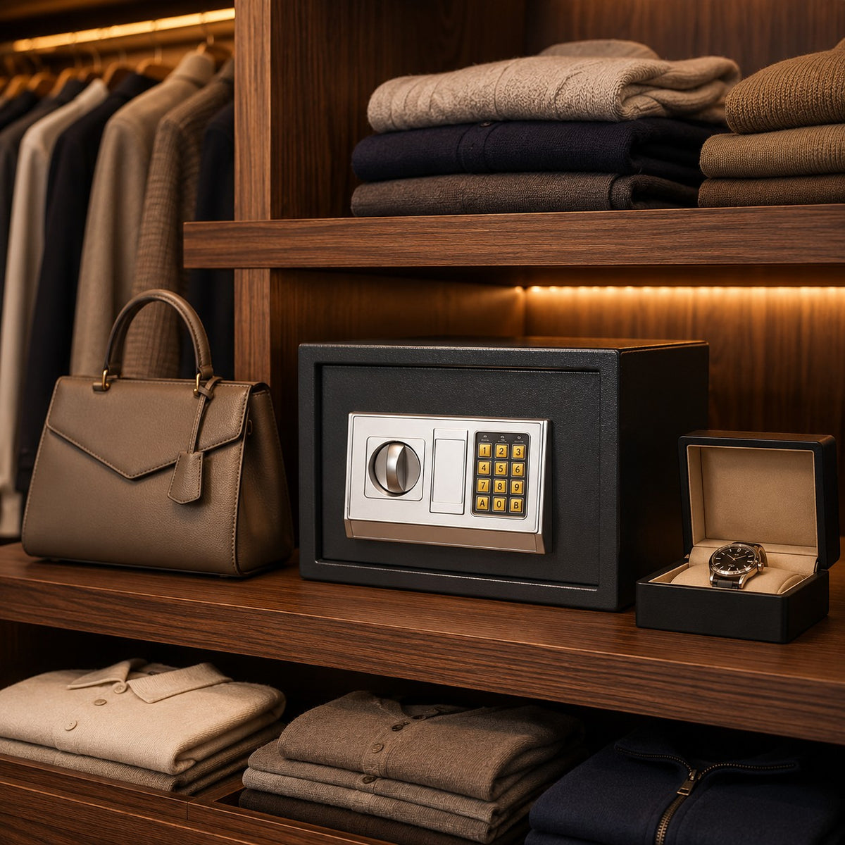 Coffre fort numérique compact Mon Rempart gris foncé en acier avec clavier électronique dans un dressing en bois.