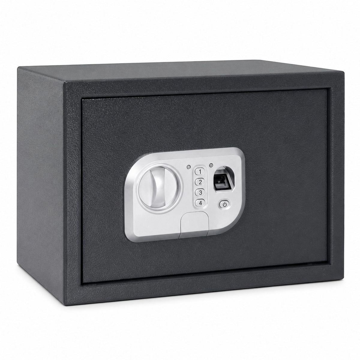Coffre fort numérique compact Mon Rempart en acier gris avec lecteur d'empreinte, clavier et serrure à clé.
