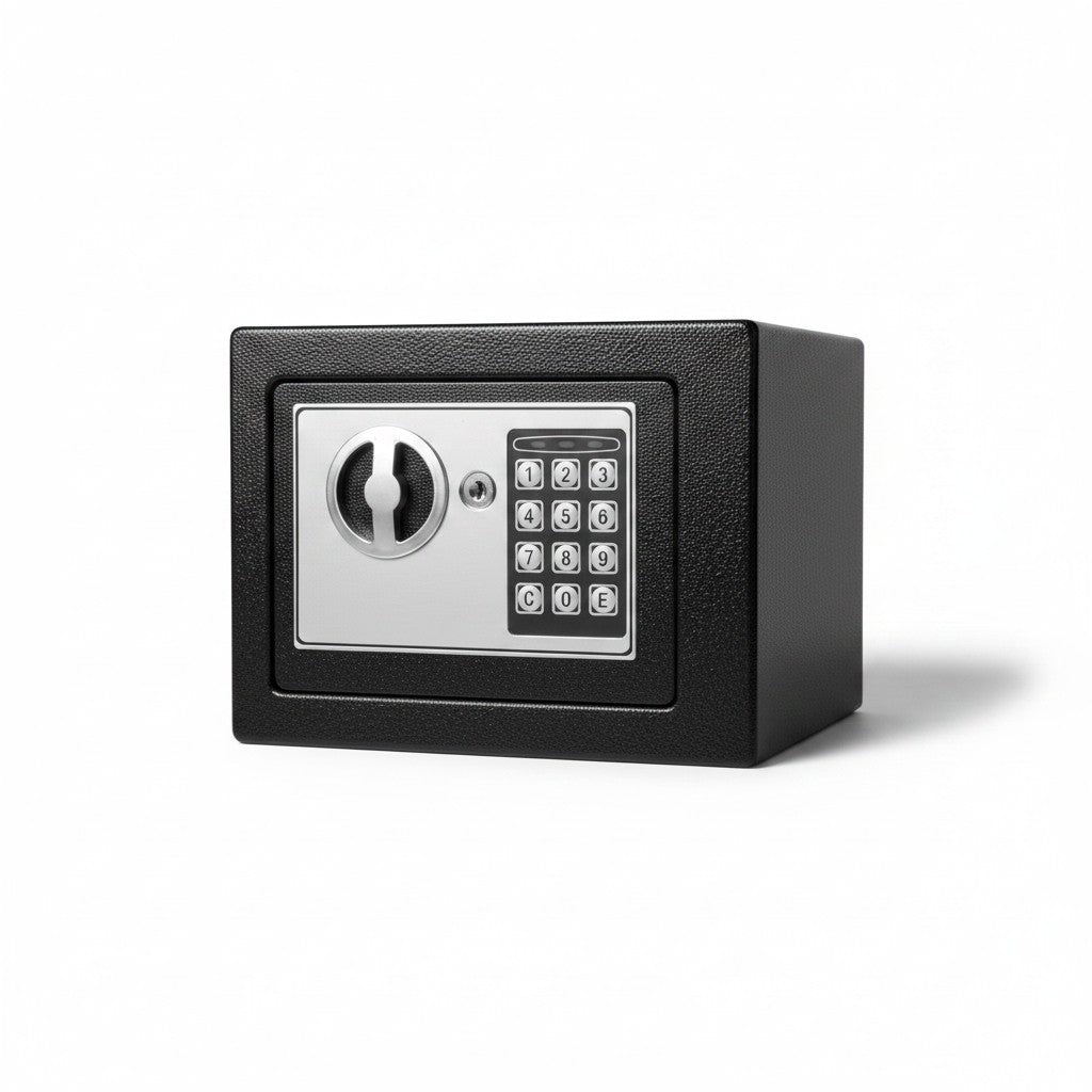 Coffre fort numérique compact Mon Rempart noir avec clavier électronique, poignée rotative et serrure de secours.