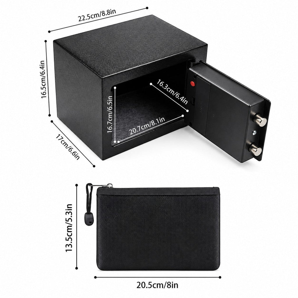 Coffre fort numérique compact Mon Rempart noir avec sac ignifuge, dimensions détaillées et clavier à code.