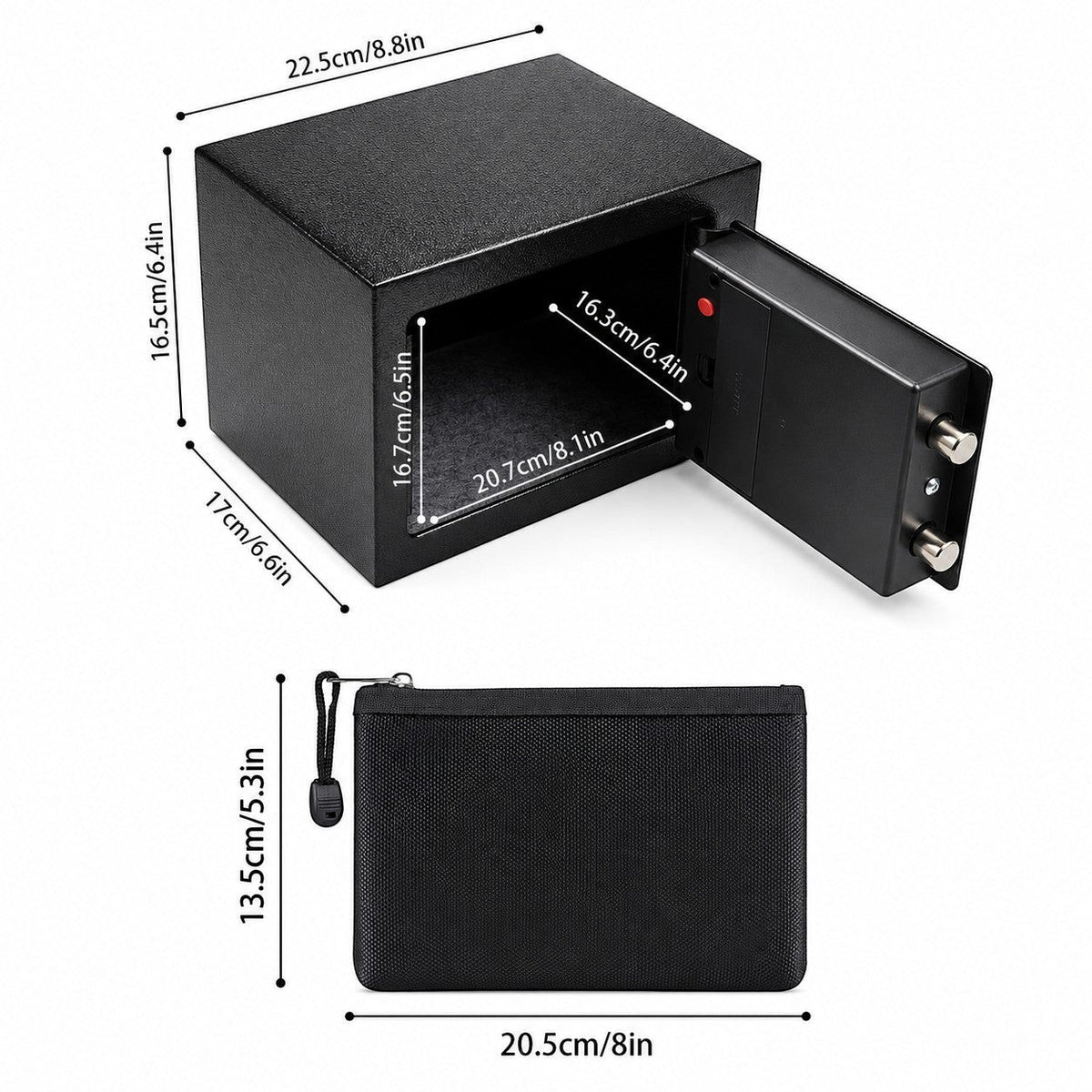 Coffre fort numérique compact Mon Rempart noir avec sac ignifuge, dimensions détaillées et clavier à code.
