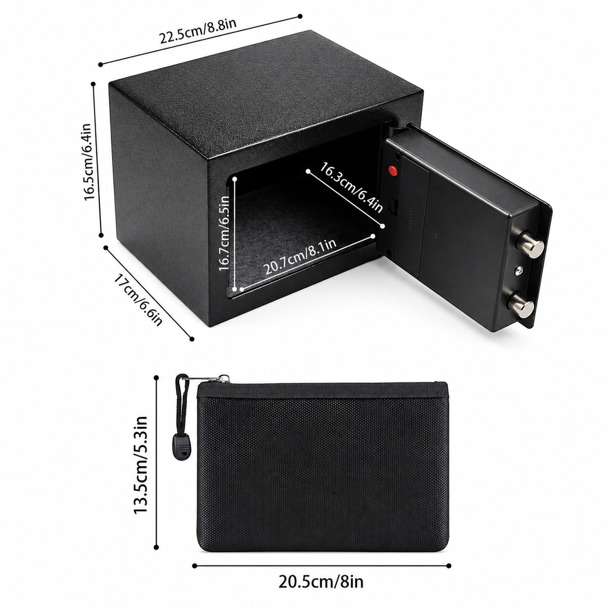 Coffre fort numérique compact Mon Rempart en acier noir avec clavier, clé de secours et sac ignifuge pour documents.