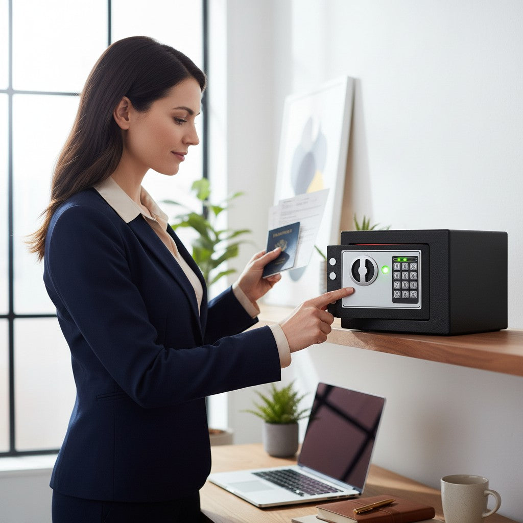 Femme d'affaires utilisant un coffre fort numérique compact Mon Rempart noir avec clavier à code sur une étagère.