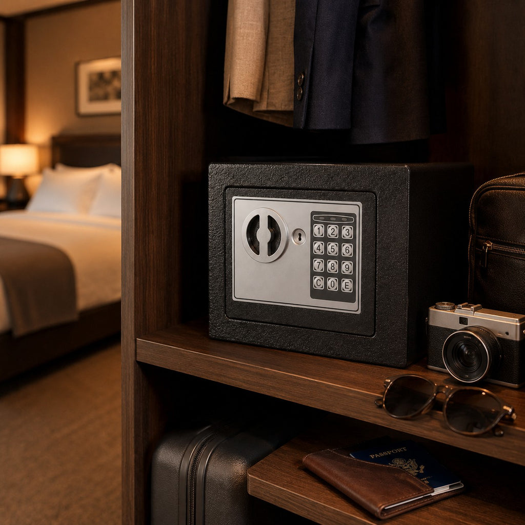 Coffre fort numérique compact Mon Rempart noir avec clavier à code et clé, installé dans une armoire de chambre d'hôtel.