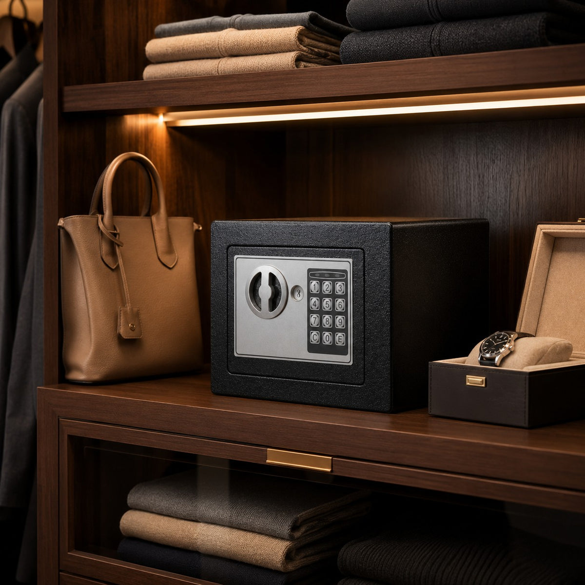 Coffre fort numérique compact Mon Rempart noir avec clavier électronique et clé, installé dans un dressing en bois.