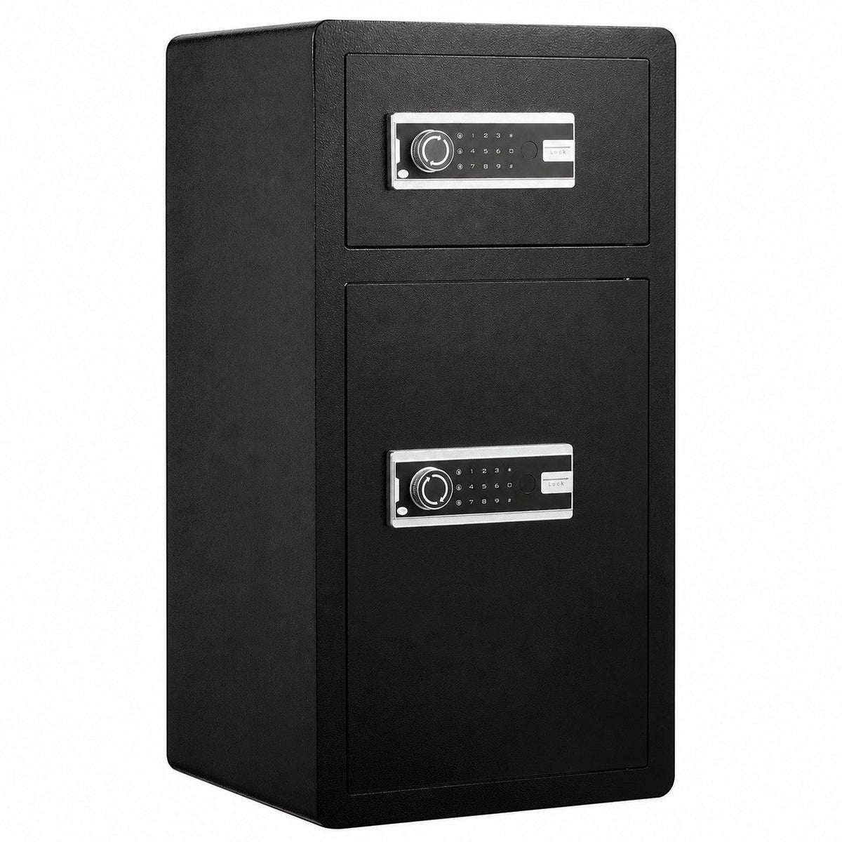 Coffre fort numérique Mon Rempart noir à double porte, accès biométrique, clavier électronique et alarme intégrée.
