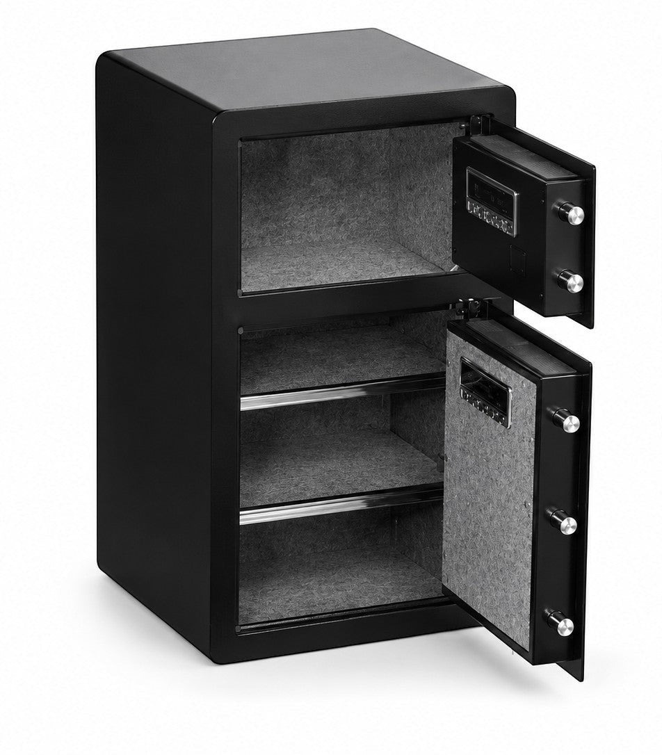 Coffre fort numérique Mon Rempart noir à double porte, acier allié, lecteur d'empreinte et alarme anti-effraction.