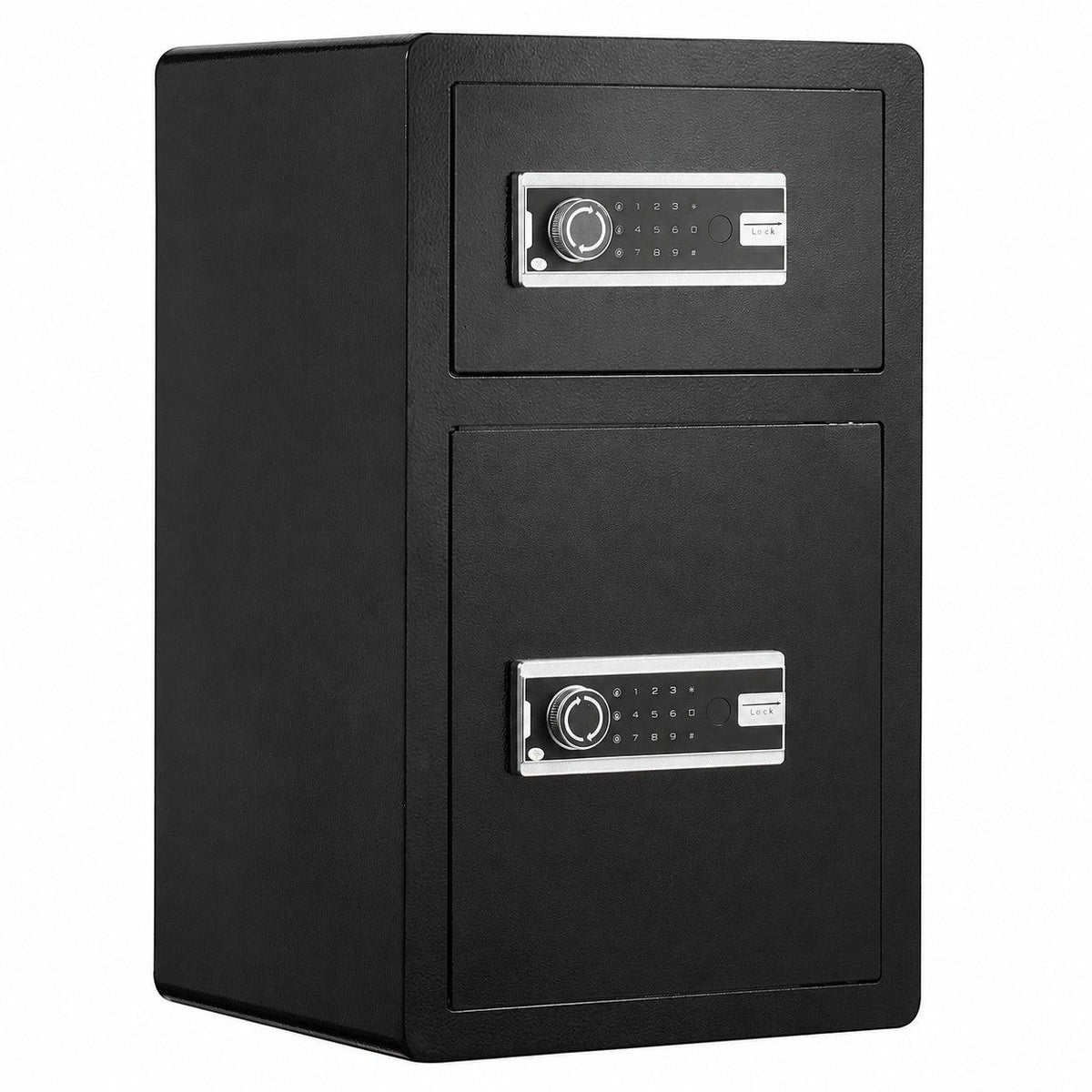 Coffre fort Mon Rempart noir à double porte, accès biométrique, clavier numérique et alarme, en acier haute sécurité.