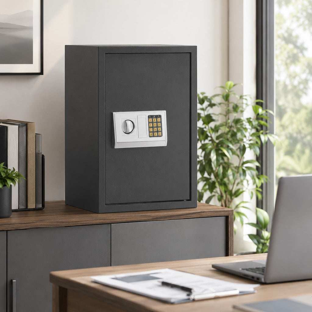 Coffre fort numérique Mon Rempart gris foncé en acier avec clavier électronique et clé, posé sur un bureau moderne.