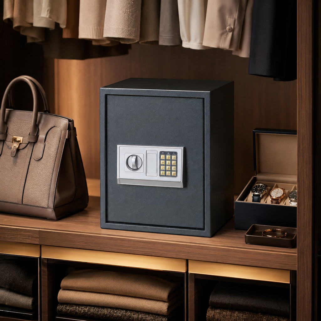 Coffre fort numérique Mon Rempart gris foncé en acier avec clavier électronique, installé dans un dressing en bois.