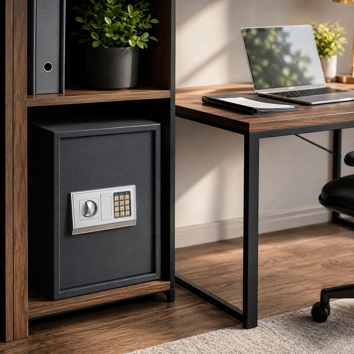 Coffre fort numérique Mon Rempart gris mat en acier avec clavier électronique et poignée rotative dans un bureau